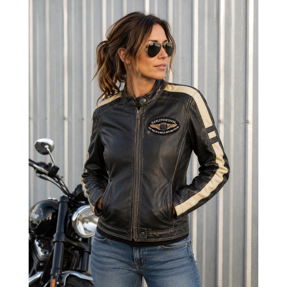 Xelement Leather Motorcycle Jacket Womens L Harley Patch Y2K Cafe Racer Biker
